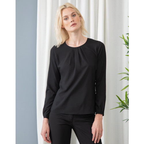 LADIES PLEAT FRONT LONG SLEEVE BLOUSE Black M